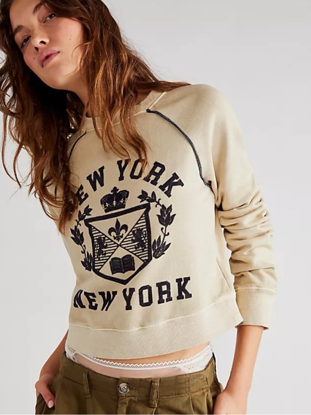 Free People Beige Crewneck Sweatshirt with Black New York Crest